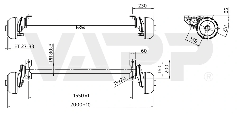Náprava AL-KO Compact B 850-10 (1000 kg) a=1550 mm, c=2000 mm, 2051, 100x4
