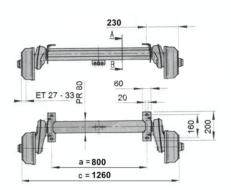 Náprava AL-KO Compact B 850-10 (1000 kg) a=800 mm, 100x4
