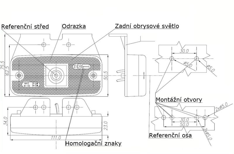 Svítilna zadní obrysová LED WAS w46/224Z, 12-24V na držáku, s odrazkou 