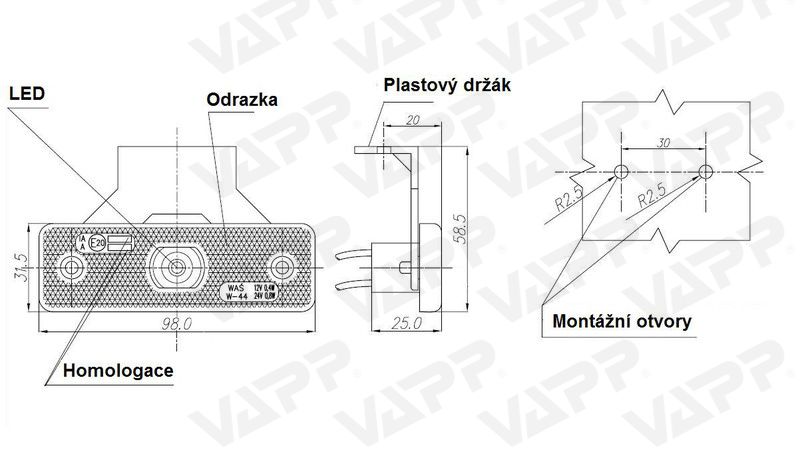 Svítilna přední obrysová LED WAS 219Zw44, 12-24V, s odrazkou, na držáku 