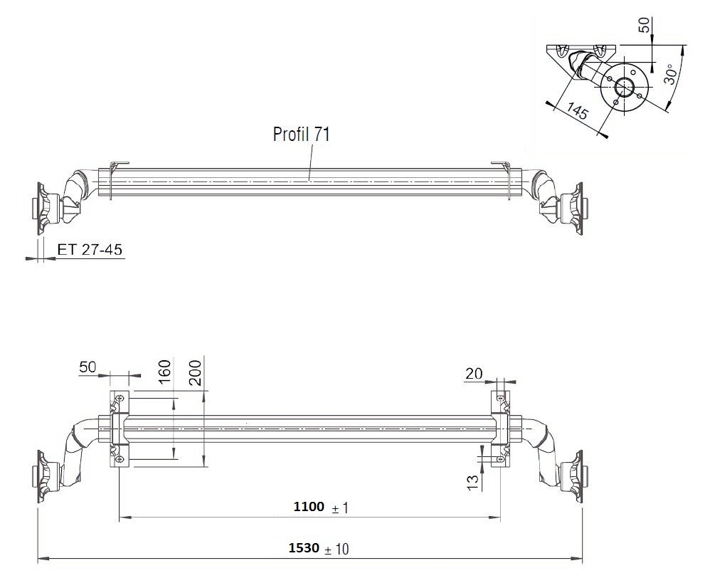 Náprava nebrzděná AL-KO Plus Optima UBR 700-5 (750kg),  A=1100mm, C=1530mm, 100