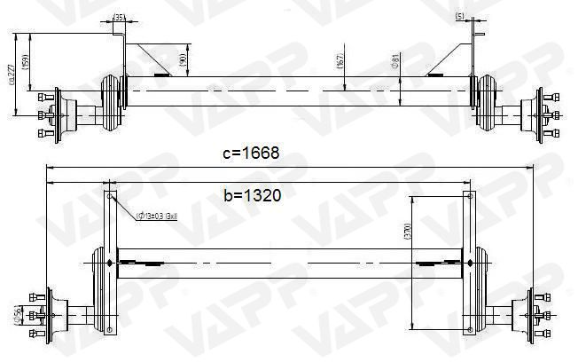 Náprava KNOTT G 13 (1300 kg) b=1320 mm, 100x4, vysoké patky (Sacher)