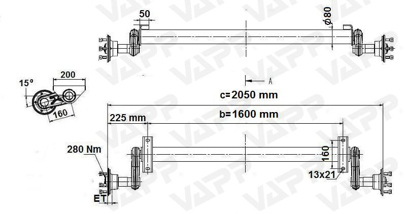 Náprava KNOTT G 13 (1300 kg) b=1600 mm, 112x5