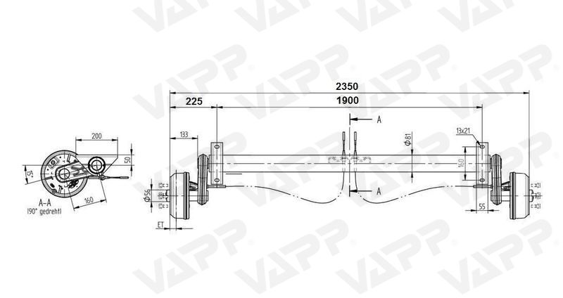Náprava KNOTT GB 13 (1350 kg) b=1900 mm 200x50 (112x5)