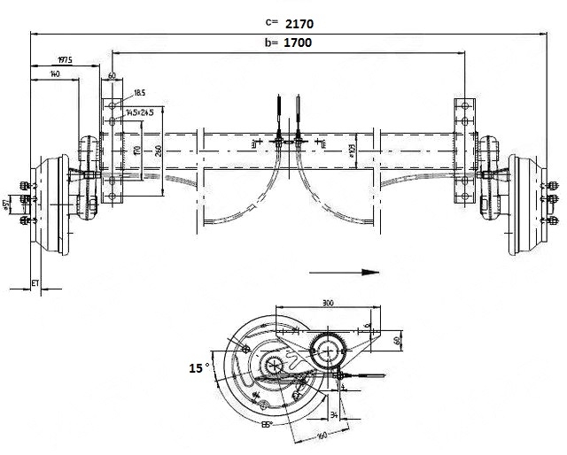 Náprava KNOTT GB 18 (1800 kg) b=1700 mm Wasser 250x40 (112x5)
