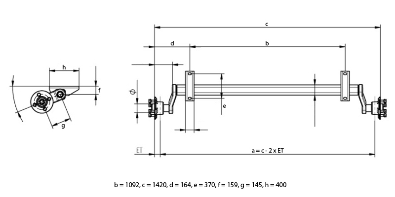 Náprava KNOTT VG 7-L (750 kg) b=1092 mm, 100x4, vysoké patky(NP/DV)