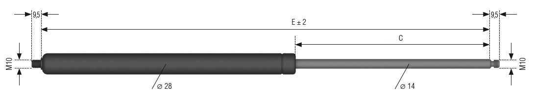Plynová vzpěra AL-KO, E=553mm, C=250mm, 100-750N, M6-M6, ind. zakázka