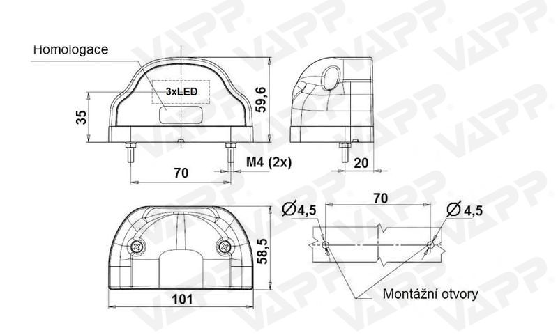 Osvětlení SPZ (registrační značky) LED WAS W88 (12-24V), zaoblené 