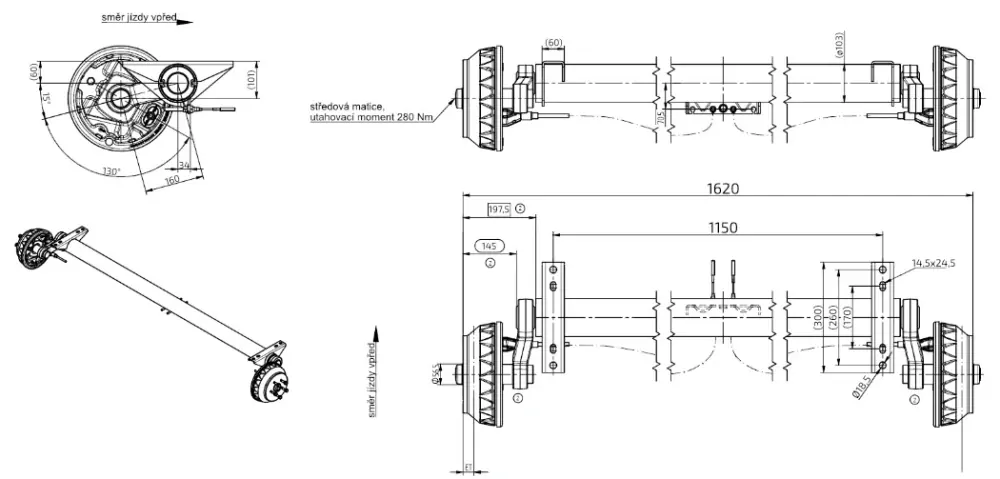 Náprava KNOTT GB 18 (1800 kg) b=1150 mm, c=1620 mm, 250x40, 112x5