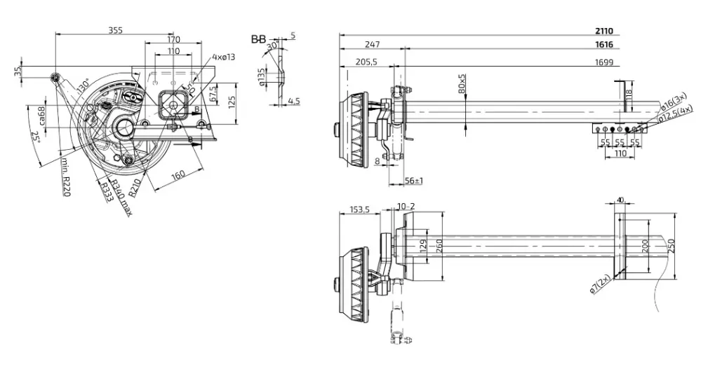 Náprava KNOTT VGB 18 (1800 kg) b=1616 mm, c=2110 mm, 250x40, 112x5