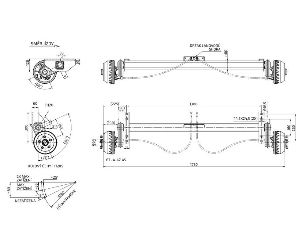 Náprava KNOTT VGB 15 (1500 kg) b=1300 mm, c=1750 mm, 200x50, 112x5, horní držák lan.