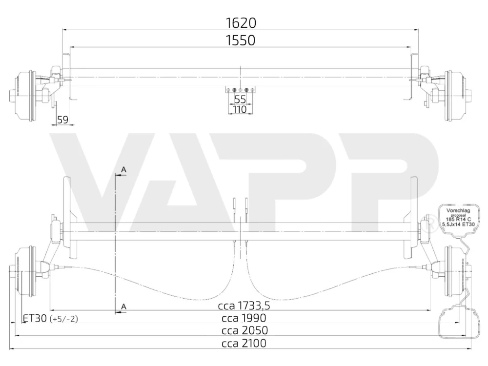Náprava AL-KO CB 1355 (1350kg), a=1550 mm, c=2050 mm (náhrada BPW pro Adria)