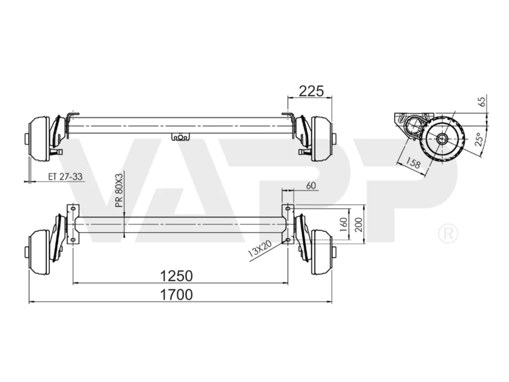 Náprava AL-KO Compact B 850-10 (1000 kg) a=1250 mm, c=1700 mm, 2051, 100x4