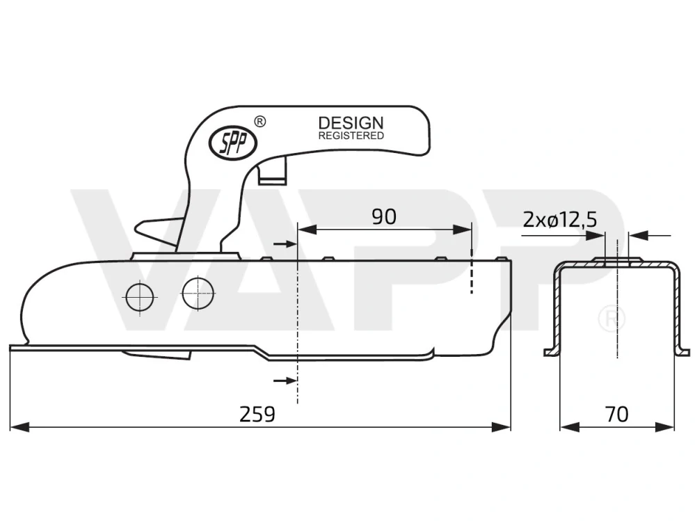 Tažná spojka SPP ZSK-750J, 750 kg, 70x70 mm, V12