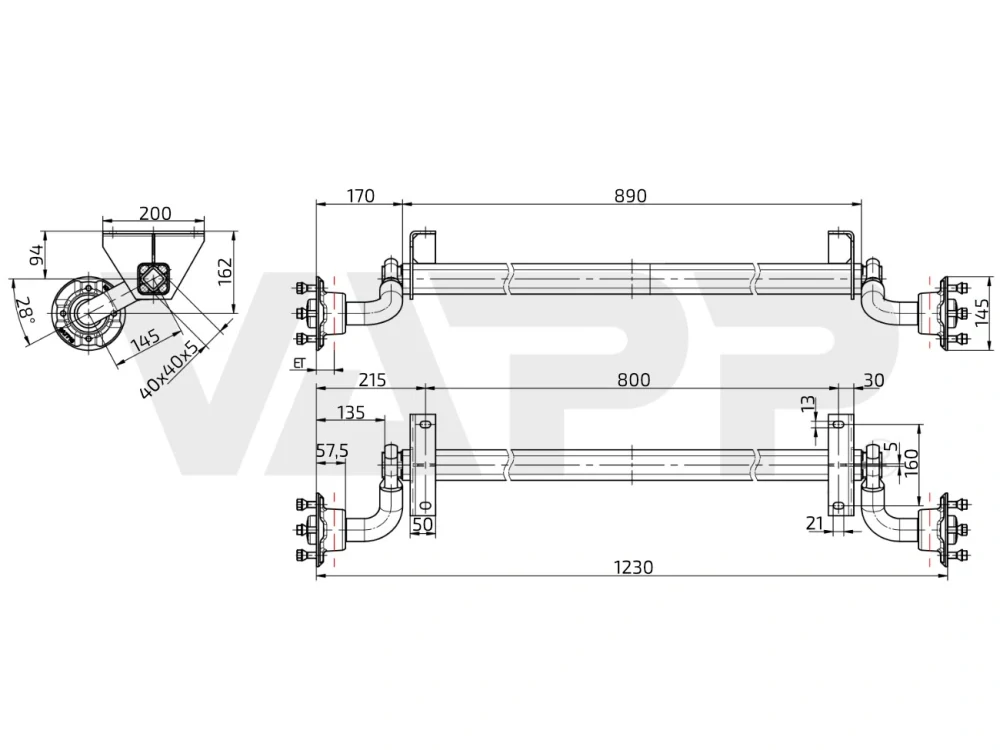 Náprava KNOTT VG 7 (750 kg) b= 800 mm, c=1230 mm, 100x4