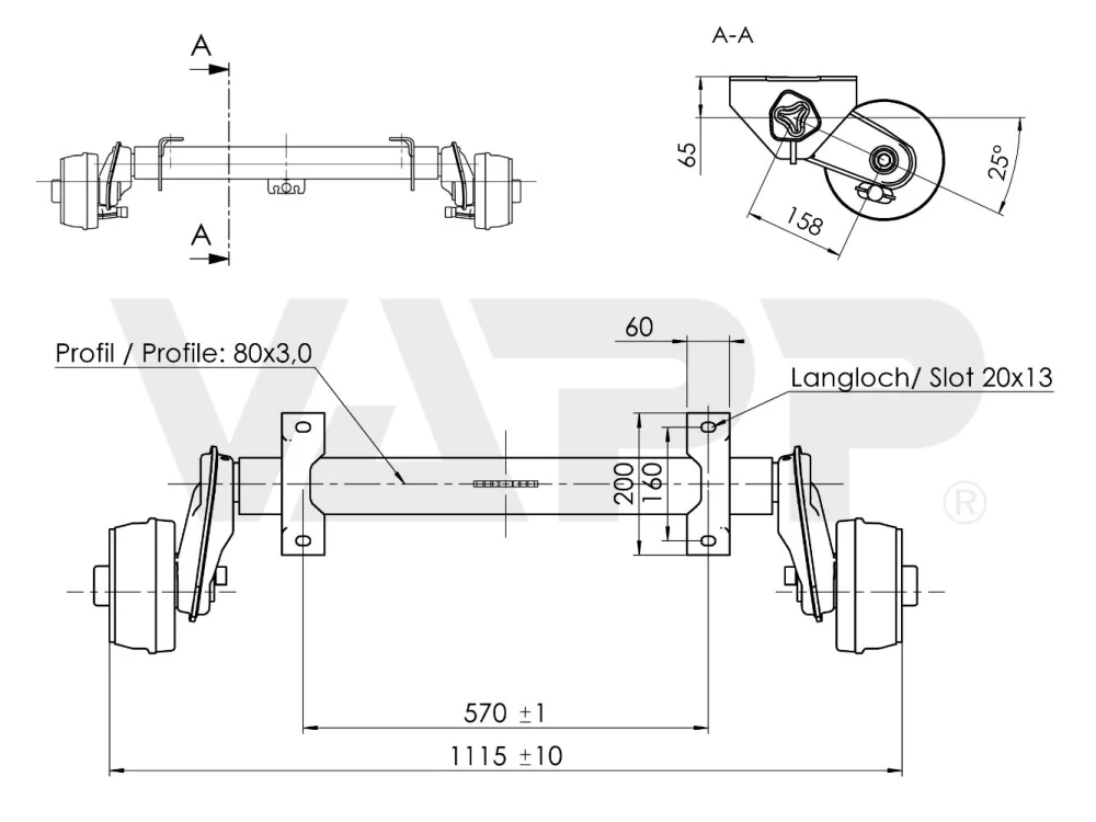 Náprava AL-KO Compact B 850-5 (900 kg) a= 570 mm, c=1115 mm, 1637, 100x4