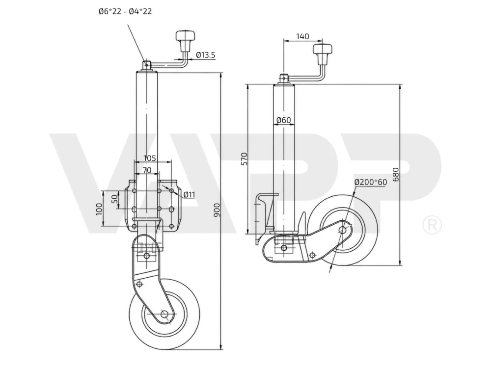 Kolečko opěrné automat DTR 60 200x60 500 kg, zesílený disk 570 mm