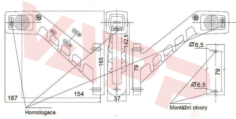 Svítilna doplňková/boční obrysová LED WAS 238L, 12-24V, levá, 187 mm 