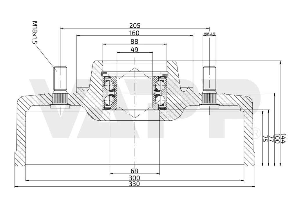 Buben brzdový KNOTT 300x60 (205x6) dvouřadé ložisko