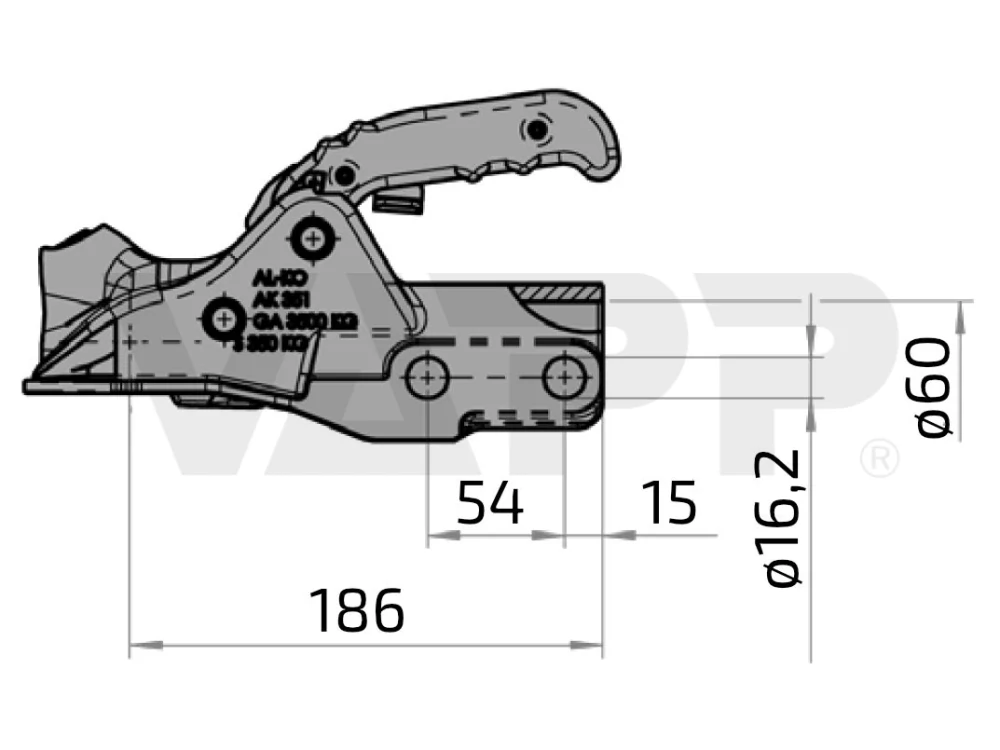 Tažná spojka AL-KO Profi AK 351, 3500 kg, 60 mm, H16 + šrouby + zámek