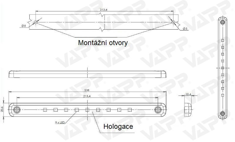 Svítilna zadní obrysová LED WAS W97.4, 12-24V, dlouhá, , 9x LED 