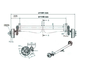 Náprava KNOTT GB 13 (1350 kg) b=1150 mm Wasser, 112x5, střední patky, (PV 1.3)