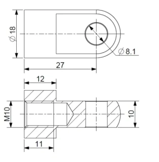 Oko k plynové vzpěře BM, pr. 8,1mm, c=27mm, pro závit M10, ocel