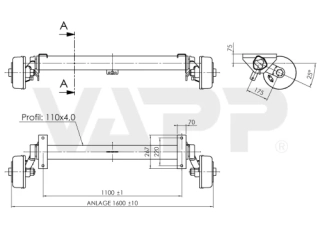 Náprava AL-KO Plus B 1800-9 (1800 kg) a=1100 mm, b=1600 mm, 112x5, včetně držáků tlumičů